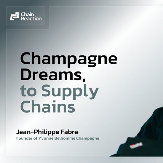 Man sitting with text 'Champagne Dreams, to Supply Chains' and 'Jean-Philippe Fabre, Founder of Yvonne Belhommme Champagne' on a light gray background.