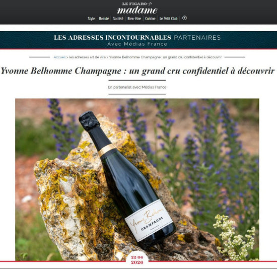 Bottle of champagne on a rock with a scenic background, displayed on a magazine page. Madame Figaro Yvonne Belhomme Champagne