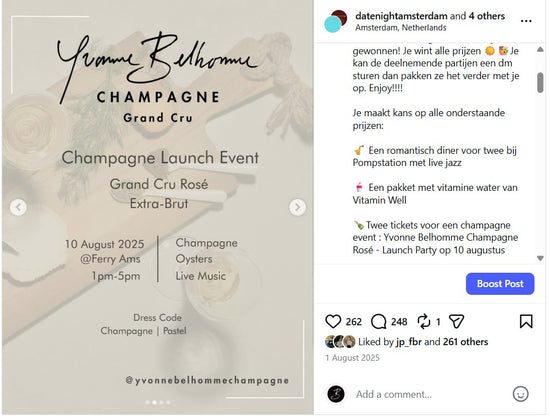Yvonne Belhomme Champagne launch event flyer with text and branding.